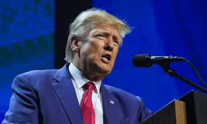 Former President Donald Trump speaks at the National Rifle Association Convention in Indianapolis, on April 14, 2023. (Michael Conroy, File/AP Photo)