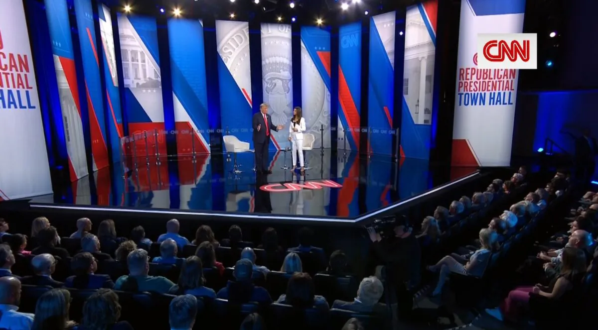 Former President Donald Trump speaks at a CNN Town Hall with CNN’s Kaitlan Collins at St. Anselm College in Manchester, N.H., on May 10, 2023, in a still from video. (CNN/Screenshot via The Epoch Times)
