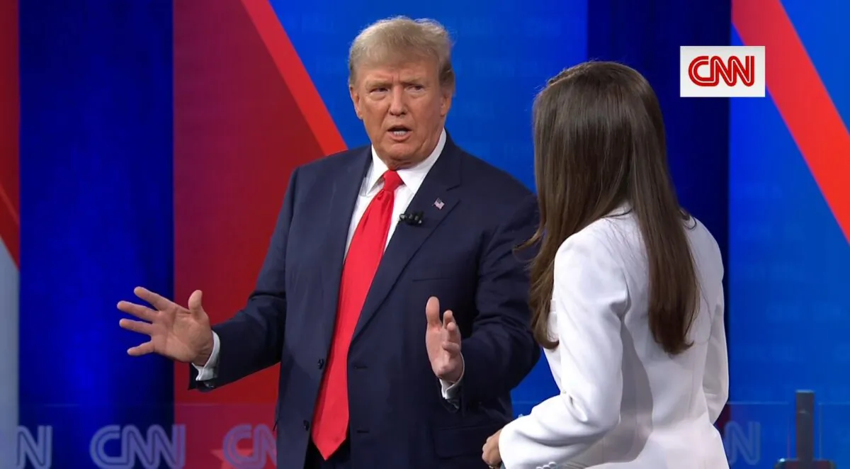 Former President Donald Trump speaks at a CNN Town Hall with CNN’s Kaitlan Collins at St. Anselm College in Manchester, N.H., on May 10, 2023, in a still from video. (CNN/Screenshot)
