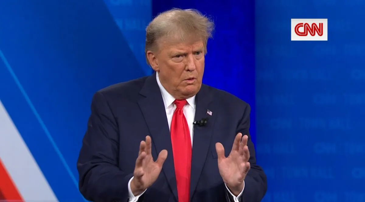 Former President Donald Trump speaks at a town hall at St. Anselm College in Manchester, N.H., on May 10, 2023. (CNN/Screenshot via The Epoch Times)