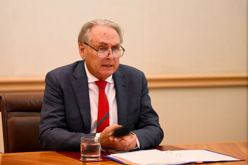 Australian Trade Minister Don Farrell speaks during a meeting via teleconference at Parliament House in Canberra, Australia, on Feb. 6, 2023. (Lukas Coch-Pool/Getty Images)