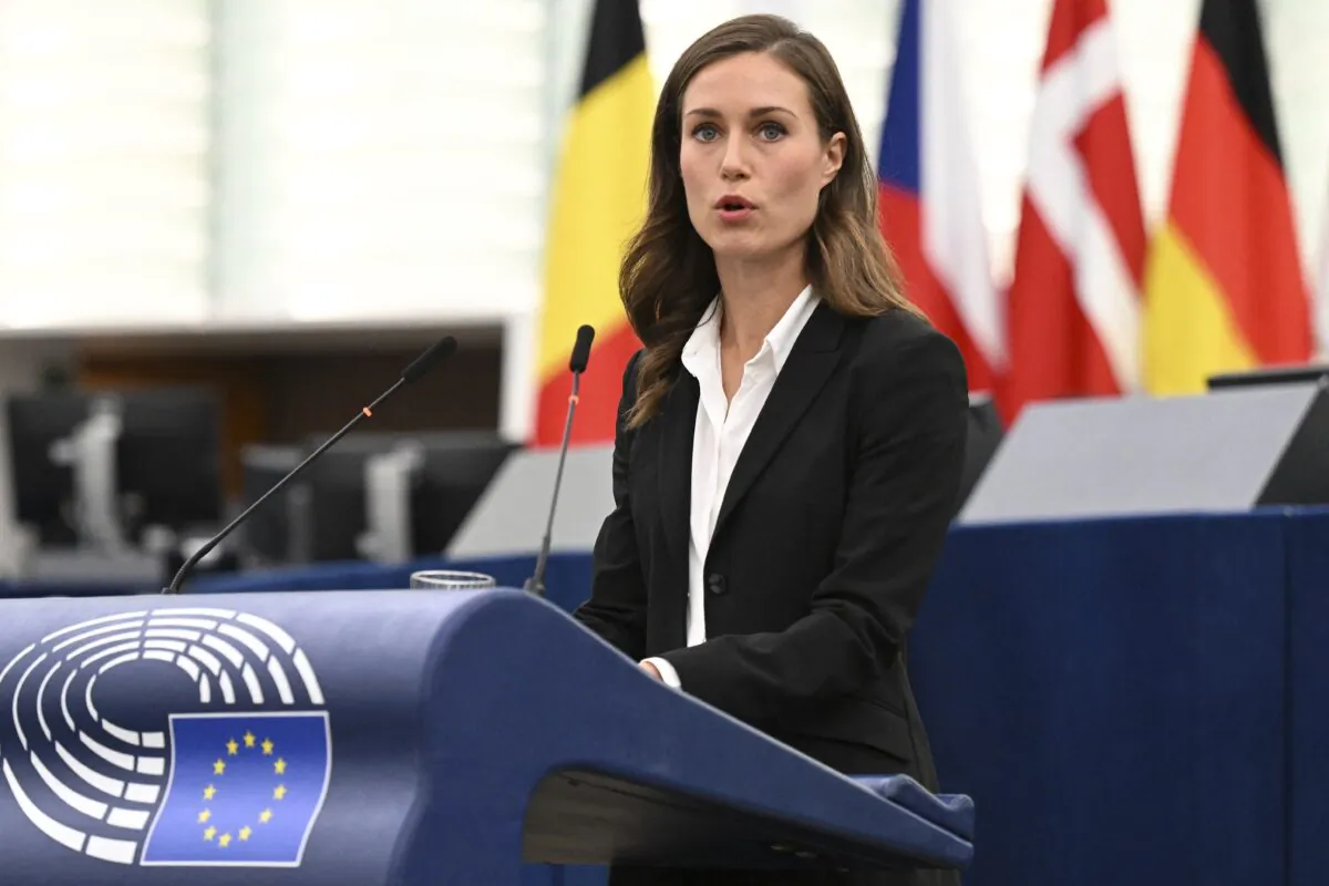 Finland's Prime Minister Sanna Marin delivers a speech during the "This is Europe" debate at the European Parliament in Strasbourg, eastern France, on Sept. 13, 2022. (FREDERICK FLORIN/AFP via Getty Images)