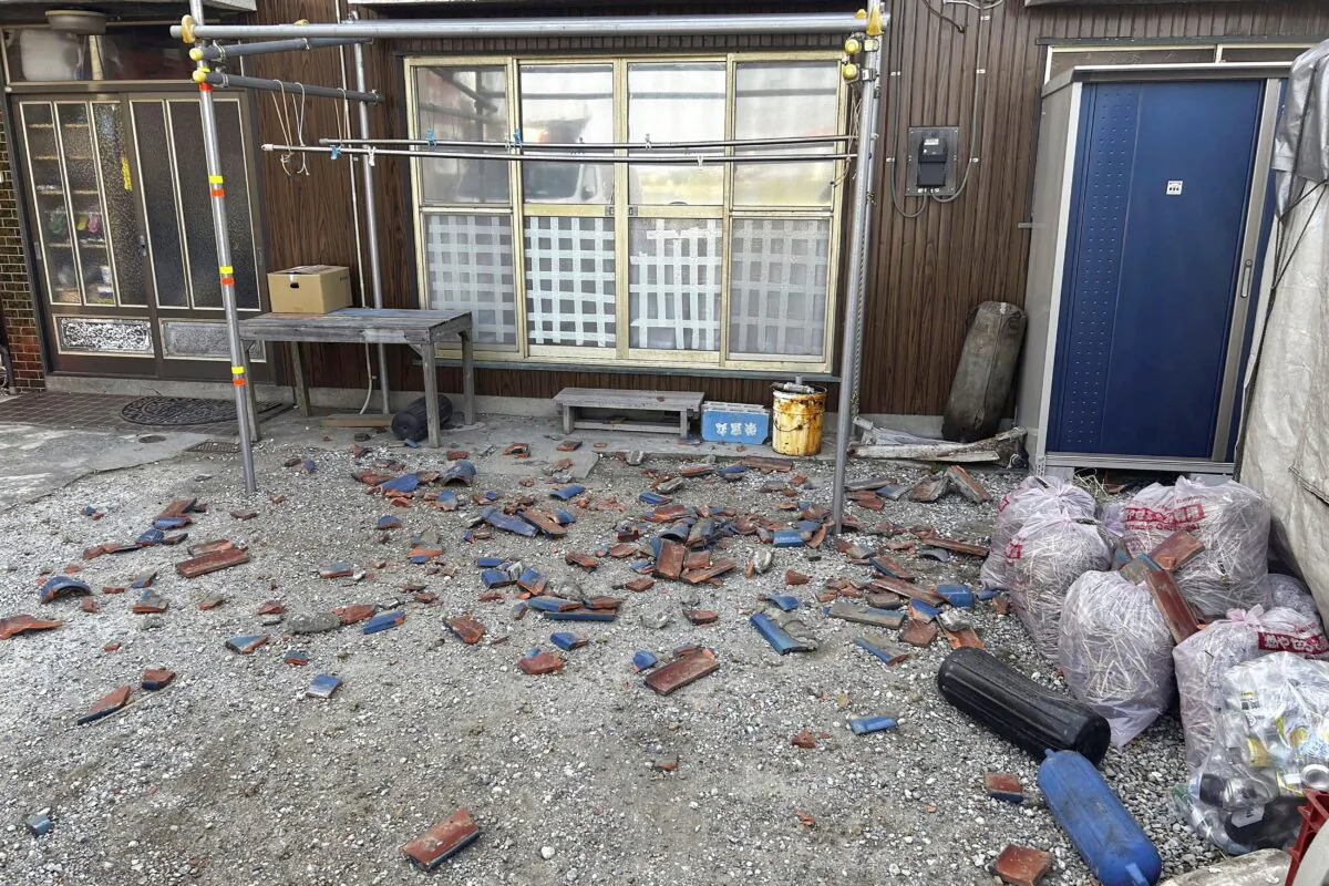 Tiles are scattered after an earthquake in Kisarazu, Chiba prefecture, near Tokyo on May 11, 2023. (Kyodo News via AP)