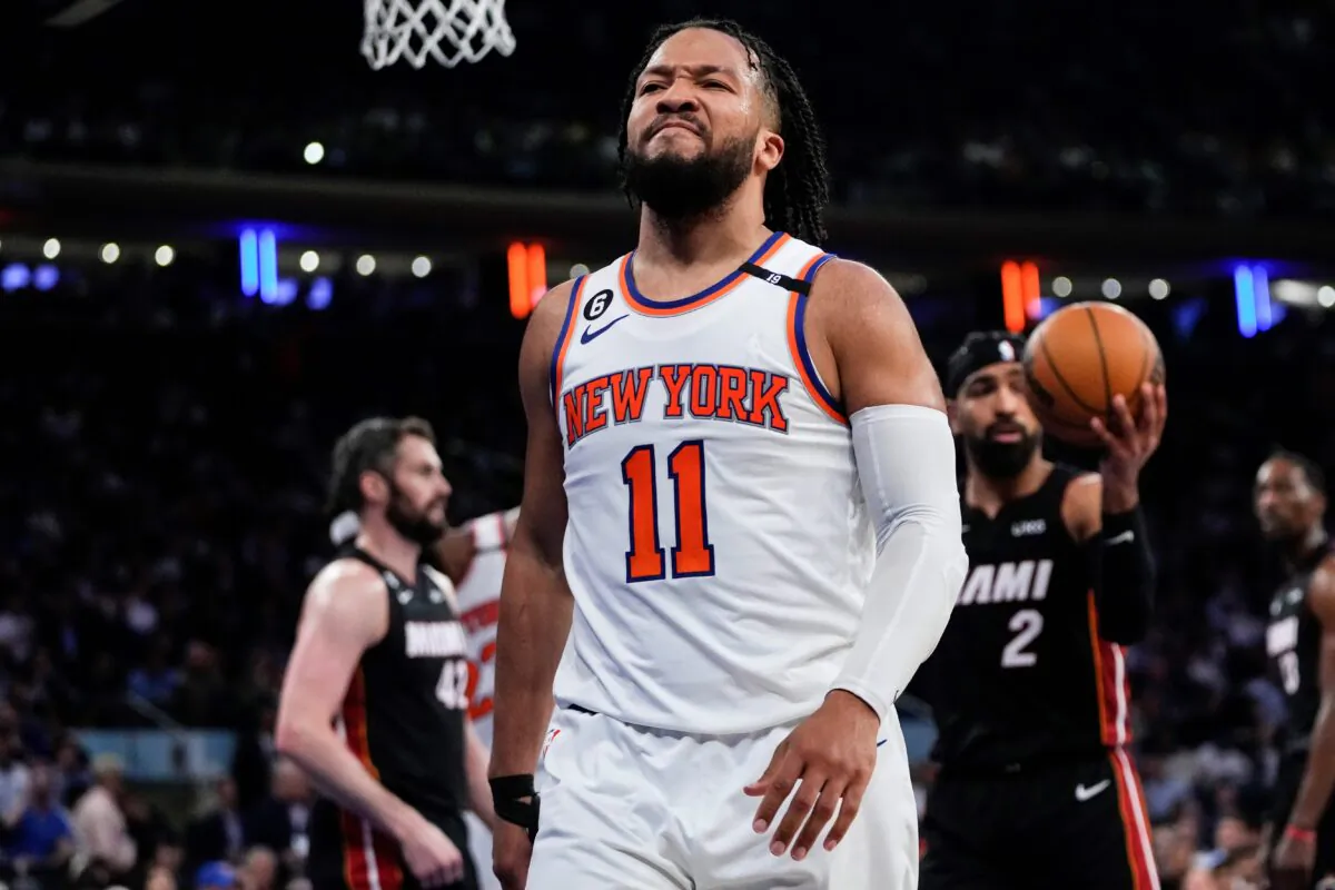 New York Knicks' Jalen Brunson (11) reacts after scoring against the Miami Heat during the second half of Game 5 of an NBA basketball Eastern Conference playoff semifinal, in New York on May 10, 2023. (Frank Franklin II/AP Photo)