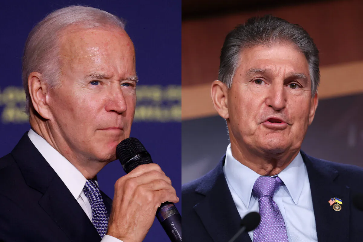 (Left) President Joe Biden on Oct. 21, 2022. (Right) Sen. Joe Manchin (D-W.Va.) on Sept. 20, 2022. (Anna Moneymaker, Kevin Dietsch/Getty Images)