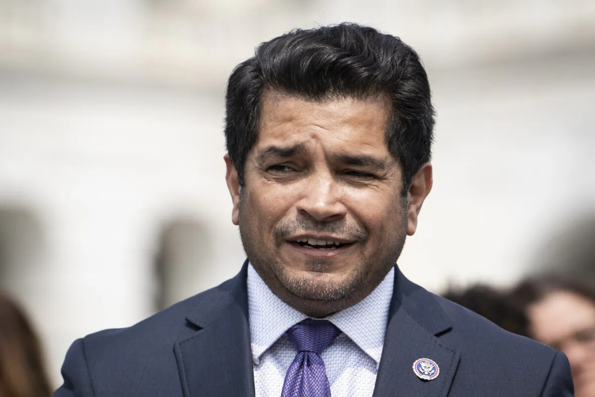 Rep. Jimmy Gomez (D-Calif.) speaks at a press conference at the House Triangle in Washington on May 10, 2023. (Madalina Vasiliu/The Epoch Times)