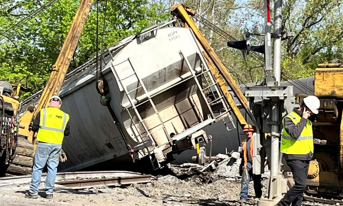 Recovery work at the scene of a train derailment outside New Castle, Pa., on May 11, 2023. (Lucy Schaly/Pittsburgh Post-Gazette via AP)
