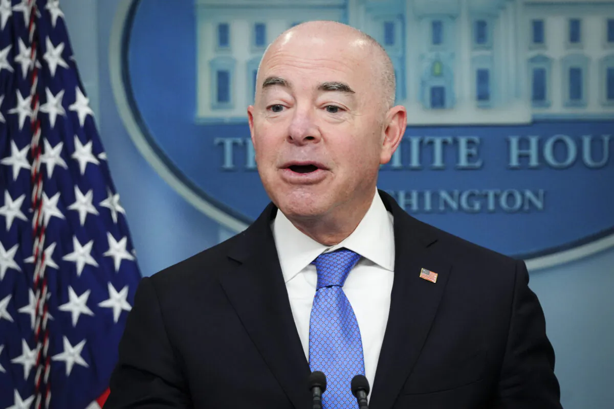 Secretary of Homeland Security Alejandro Mayorkas speaks during a press briefing at the White House in Washington on May 11, 2023. (Madalina Vasiliu/The Epoch Times)