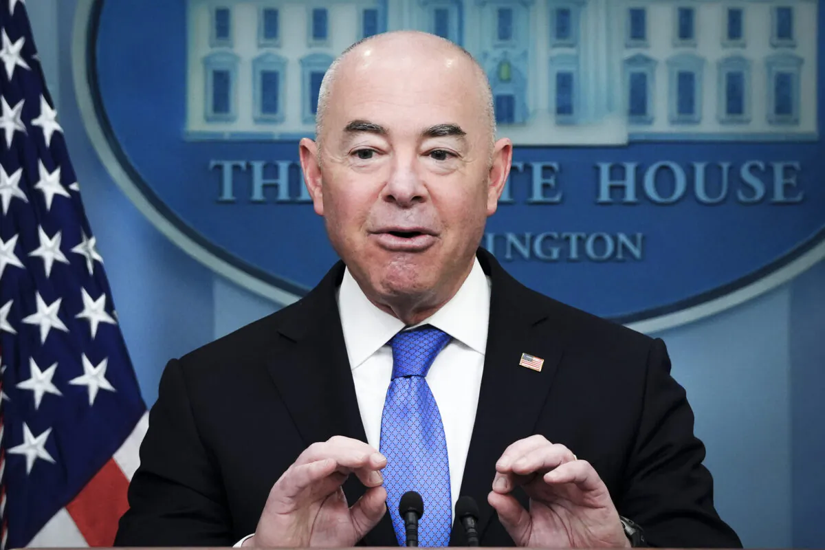 Secretary of Homeland Security Alejandro Mayorkas speaks during a press briefing at the White House in Washington on May 11, 2023. (Madalina Vasiliu/The Epoch Times)