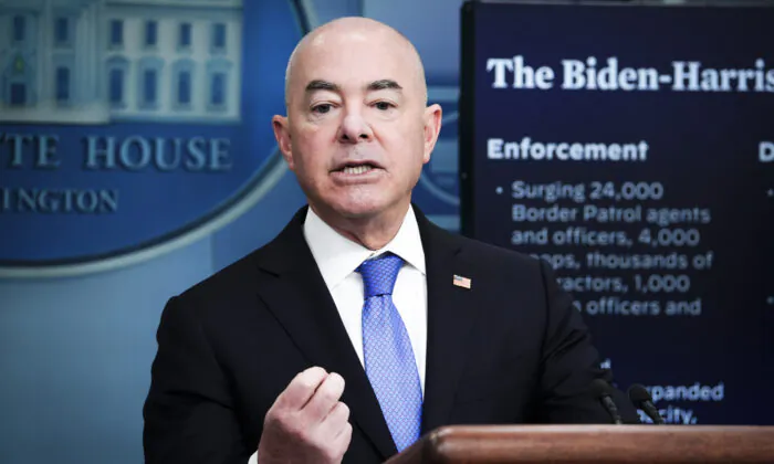Secretary of Homeland Security Alejandro Mayorkas speaks during a press briefing at the White House in Washington on May 11, 2023. (Madalina Vasiliu/The Epoch Times)