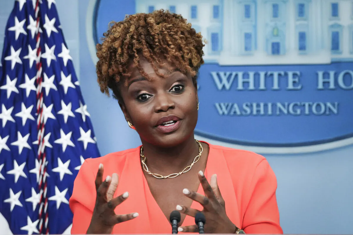 White House Press Secretary Karine Jean-Pierre speaks during a press briefing at the White House in Washington on May 11, 2023. (Madalina Vasiliu/The Epoch Times)