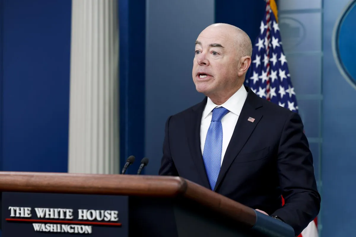 Secretary of Homeland Security Alejandro Mayorkas speaks during the daily news briefing at the James S. Brady Press Briefing Room of the White House on May 11, 2023. (Anna Moneymaker/Getty Images)