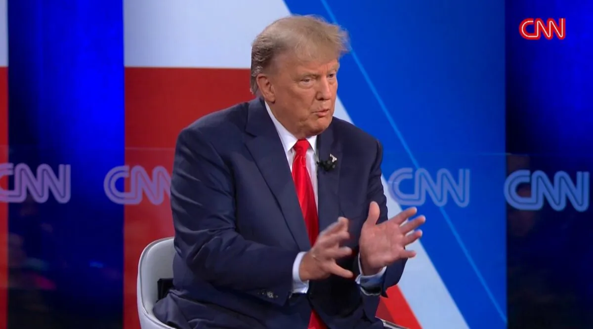 Former President Donald Trump speaks at a CNN Town Hall at St. Anselm College in Manchester, N.H., on May 10, 2023, in a still from video. (CNN/Screenshot via The Epoch Times)
