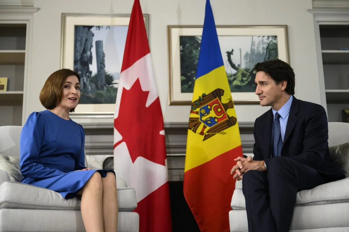 Canadian Prime Minister Justin Trudeau meets with President of the Republic of Moldova Maia Sandu at 7 Rideau Gate, the Official Guest Residence in Ottawa on May 11, 2023. (The Canadian Press/Justin Tang)
