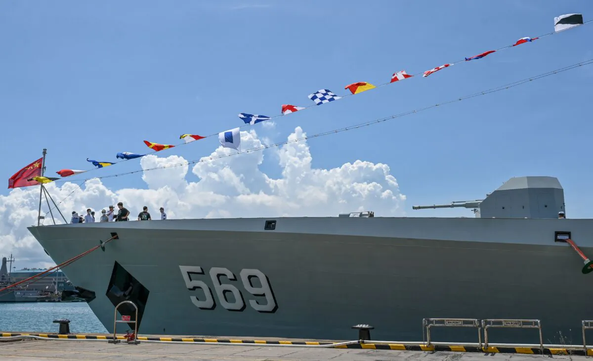 Chinese Navy missile frigate Yulin is seen docked at Changi Naval Base during the IMDEX Asia warships display in Singapore on May 4, 2023. (Roslan Rahman/AFP via Getty Images)