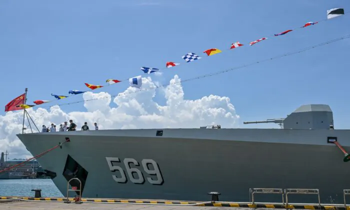 Chinese Navy missile frigate Yulin docked at Changi Naval Base during the IMDEX Asia warships display in Singapore on May 4, 2023. Pakistan commissioned two similar vessels made by the Chinese on May 11, 2023. (Roslan Rahman/AFP via Getty Images)