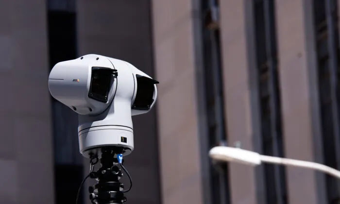 A surveillance camera is placed on a car outside of the Manhattan Criminal Courthouse in New York City on April 3, 2023. (Kena Betancur/Getty Images)