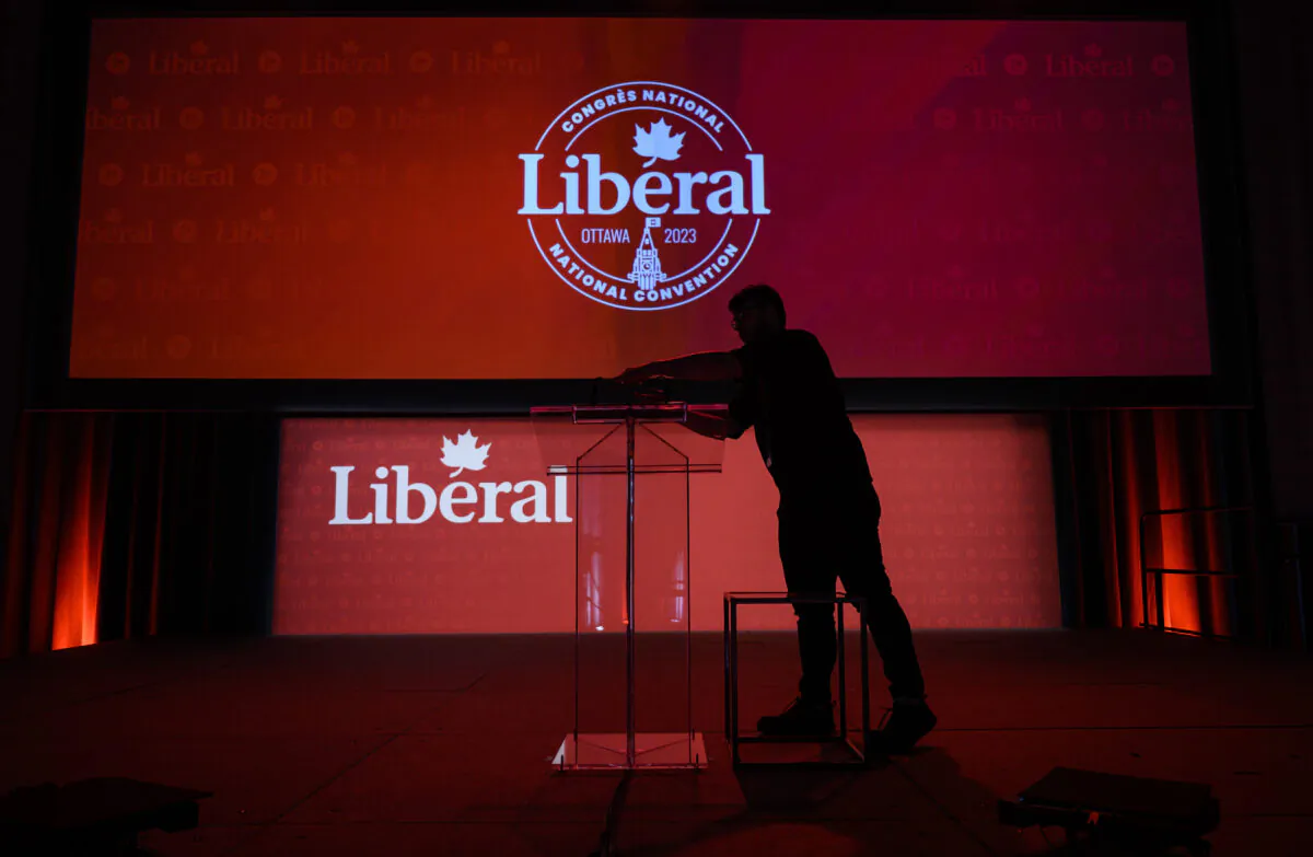The lectern is installed before keynote addresses at the 2023 Liberal National Convention in Ottawa on May 4, 2023. (The Canadian Press/Justin Tang)