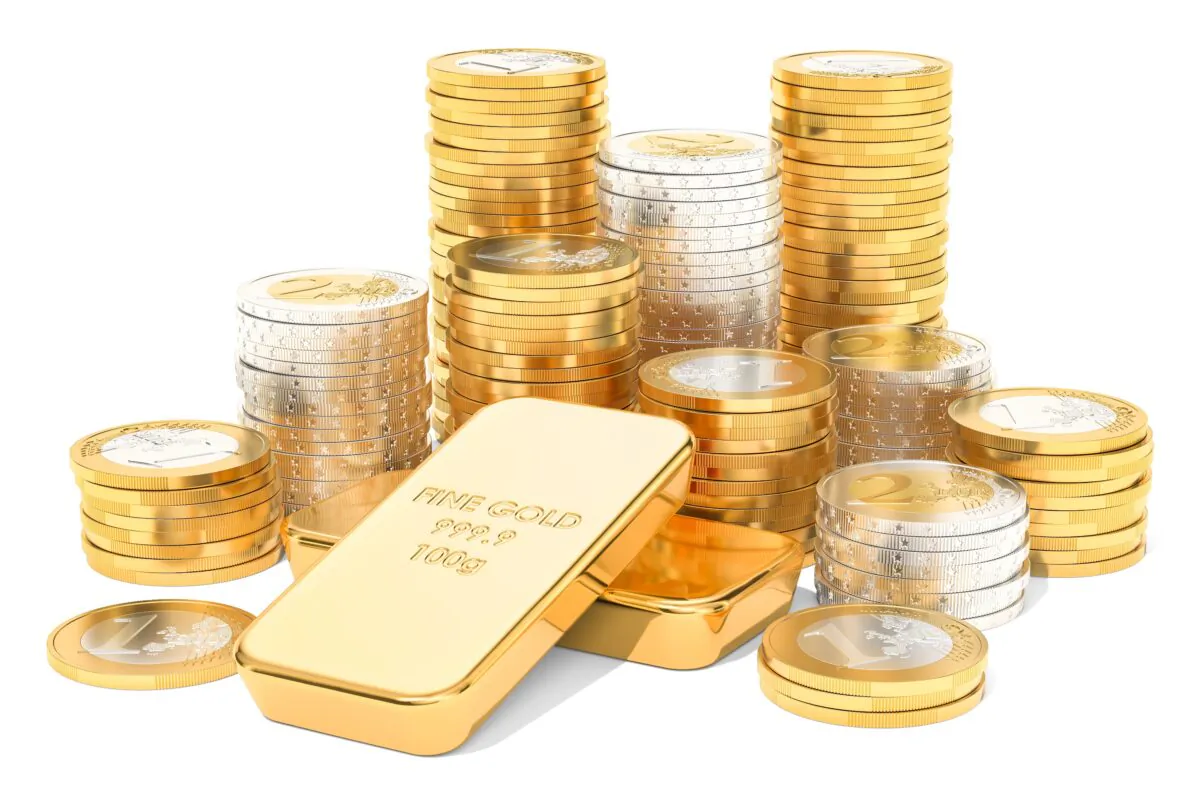 AlexLMX/iStockphoto
Gold ingots and euro coins, 3D rendering isolated on white background