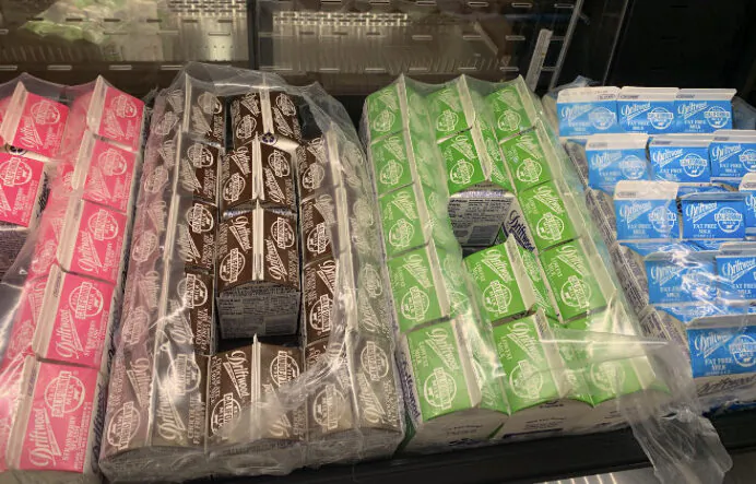 Photo of the milk in the cafeteria line at Eagle Rock High School. These are the only beverages on the line. (Photo by Marielle Williamson)