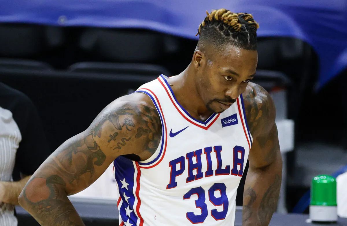 Dwight Howard (39) of the Philadelphia 76ers reacts following a foul call during the second quarter against the Houston Rockets at Wells Fargo Center in Philadelphia, Pennsylvania, on Feb. 17, 2021. (Tim Nwachukwu/Getty Images)