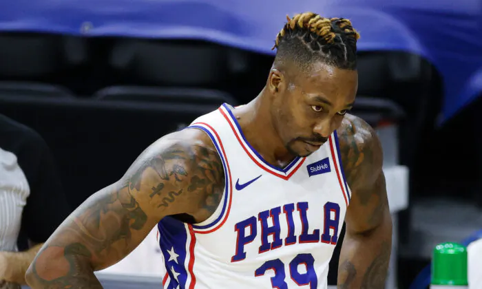 Dwight Howard #39 of the Philadelphia 76ers reacts following a foul call during the second quarter against the Houston Rockets at Wells Fargo Center in Philadelphia, Pennsylvania, on Feb. 17, 2021. (Tim Nwachukwu/Getty Images)