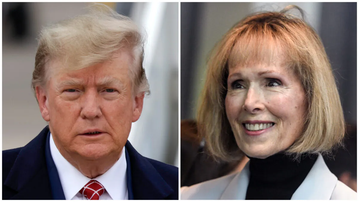 (Left) Former President Donald Trump disembarks his plane at Aberdeen Airport in Scotland on May 1, 2023. (Jeff J Mitchell/Getty Images); (Right) Magazine columnist E. Jean Carroll arrives for her civil trial against former President Donald Trump at Manhattan Federal Court in New York on May 8, 2023. (Stephanie Keith/Getty Images)