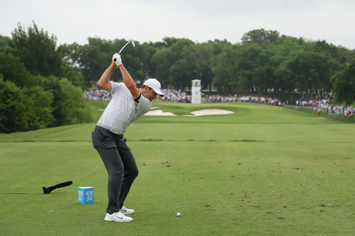 Scottie Scheffler of the United States plays his shot from the fourth tee during the second round of the AT&T Byron Nelson at TPC Craig Ranch in McKinney, Texas, on May 12, 2023. (Mike Mulholland/Getty Images)
