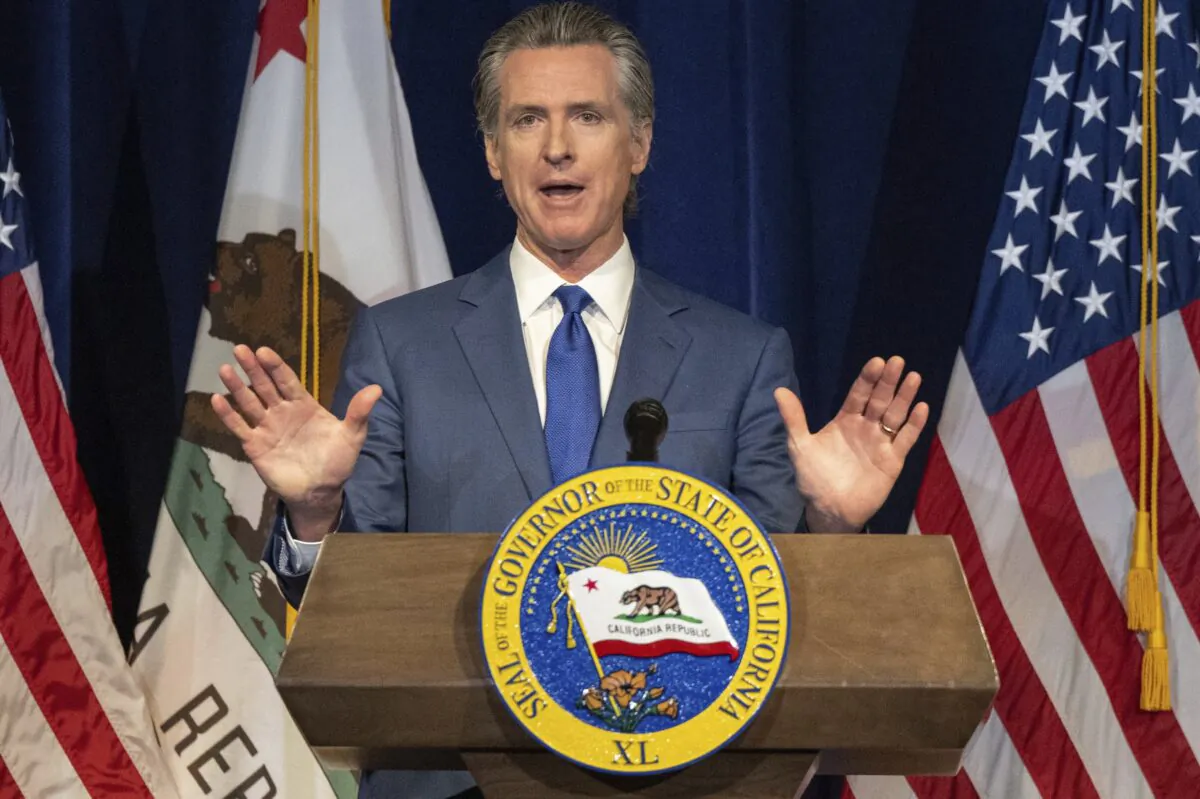 California Gov. Gavin Newsom announces the May budget revision in Sacramento on May 12, 2023. (Hector Amezcua/The Sacramento Bee via AP)