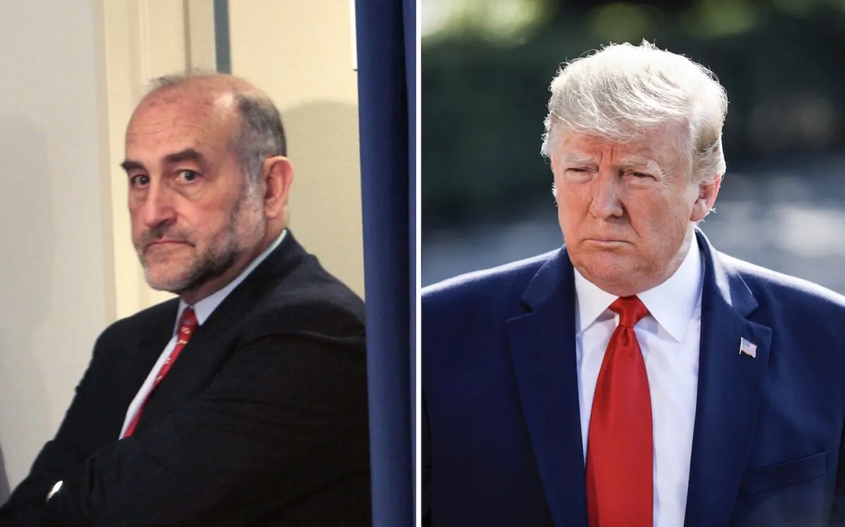L: Mark F. Pomerantz at a press confernce in New York City, on March 12, 2008. (Chris Hondros/Getty Images) R: Then-President Donald Trump speaks to media from the White House South Lawn in Washington, on Aug. 7, 2019. (Charlotte Cuthbertson/The Epoch Times)