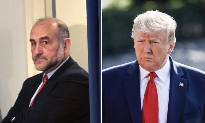 L: Mark F. Pomerantz at a press confernce in New York City, on March 12, 2008. (Chris Hondros/Getty Images) R: Then-President Donald Trump speaks to media from the White House South Lawn in Washington, on Aug. 7, 2019. (Charlotte Cuthbertson/The Epoch Times)