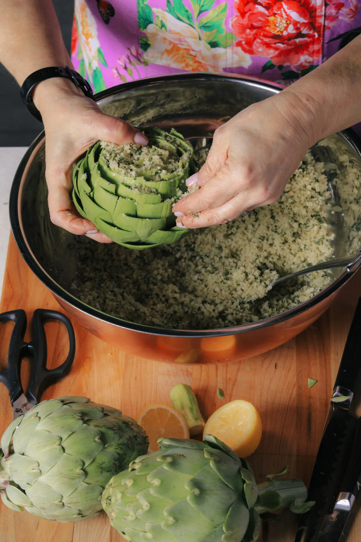 The artichoke stuffing game changer: Moisten the breadcrumb stuffing with olive oil before filling the artichokes. (Ricardo DeAratanha/Los Angeles Times/TNS)