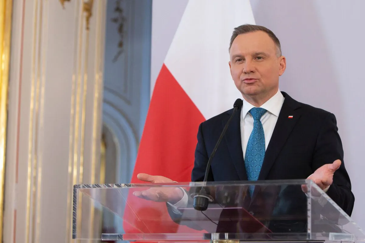 Polish President Andrzej Duda attends a joint press conference with the Austrian President during an official visit in Vienna on April 14, 2023. (Alex Halada/AFP via Getty Images)