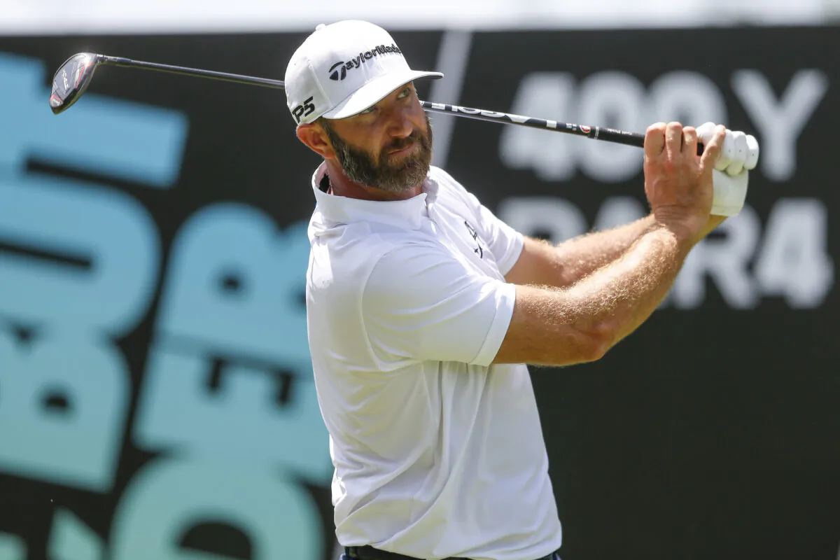 Dustin Johnson of Aces GC hits a tee shot on the second hole during Day Two of the LIV Golf Invitational—Tulsa at Cedar Ridge Country Club in Broken Arrow, Okla., on May 13, 2023. (Ian Maule/Getty Images)