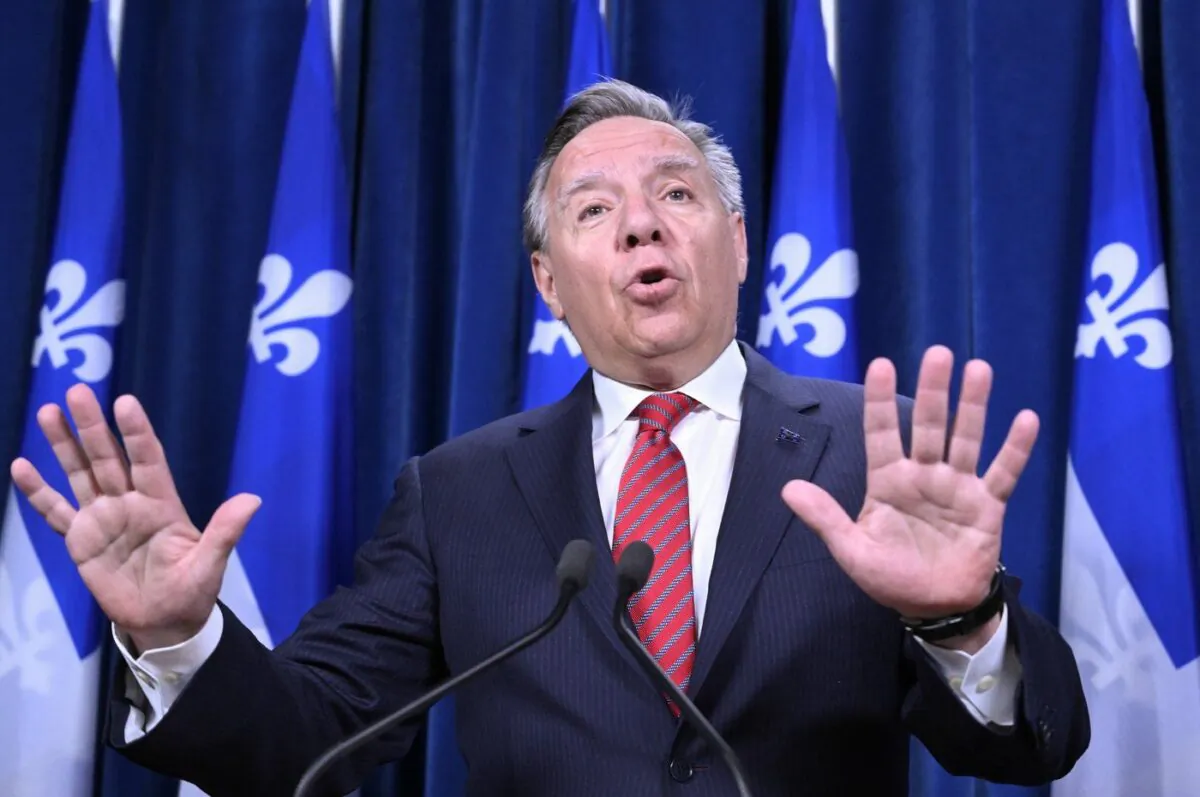 Quebec Premier Francois Legault responds to reporters questions at a news conference before question period at the legislature in Quebec City, May 9, 2023. (The Canadian Press/Jacques Boissinot)