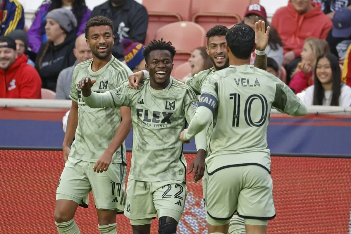 Los Angeles FC forward Kwadwo Opoku (22) is congratulated by forward Carlos Andres Gomez (11), forward Denis Bouanga (99) and forward Carlos Vela (10) after his first half goal against the Real Salt Lake at America First Field in Sandy, Utah, on May 13, 2023. (Jeff Swinger/USA TODAY Sports via Field Level Media)