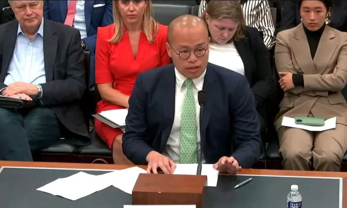 Sebastien Lai testified at CECC's hearing on Jimmy Lai's case, in Washington D.C., on May 11, 2023. (Screenshot via CECC live broadcasting)