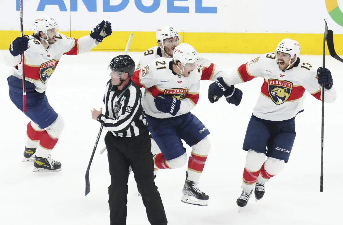Florida Panthers forward Nick Cousins (21) celebrates after his winning goal against the Toronto Maple Leafs during overtime of Game 5 of an NHL hockey Stanley Cup second-round playoff series in Toronto on May 12, 2023. (Chris Young/The Canadian Press via AP)
