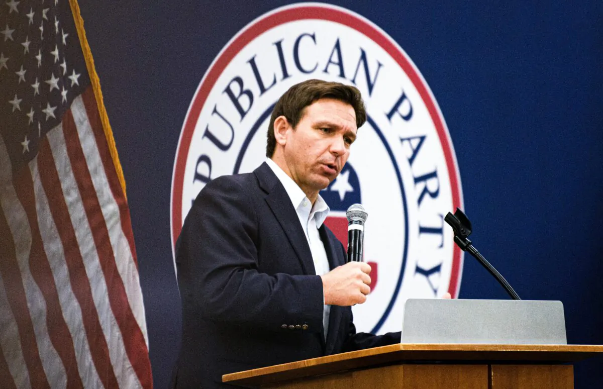 Florida Gov. Ron DeSantis speaks during an Iowa GOP reception in Cedar Rapids, Iowa, on May 13, 2023. (Stephen Maturen/Getty Images)