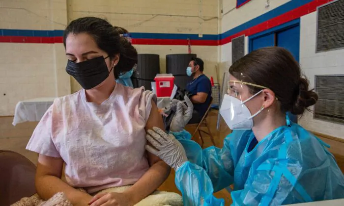 A COVID-19 vaccination hub at Central Falls High School in Central Falls, Rhode Island, on Feb. 13, 2021. (Joseph Prezioso/AFP via Getty Images)