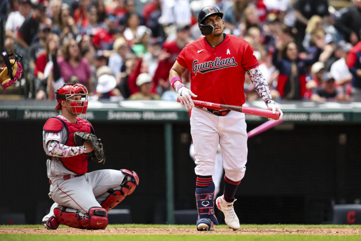 Josh Naylor (22) of the Cleveland Guardians watches the ball leave the park after hitting a three run homer during the eighth inning of the game against the Los Angeles Angels at Progressive Field in Cleveland on May 14, 2023. (Lauren Leigh Bacho/Getty Images)