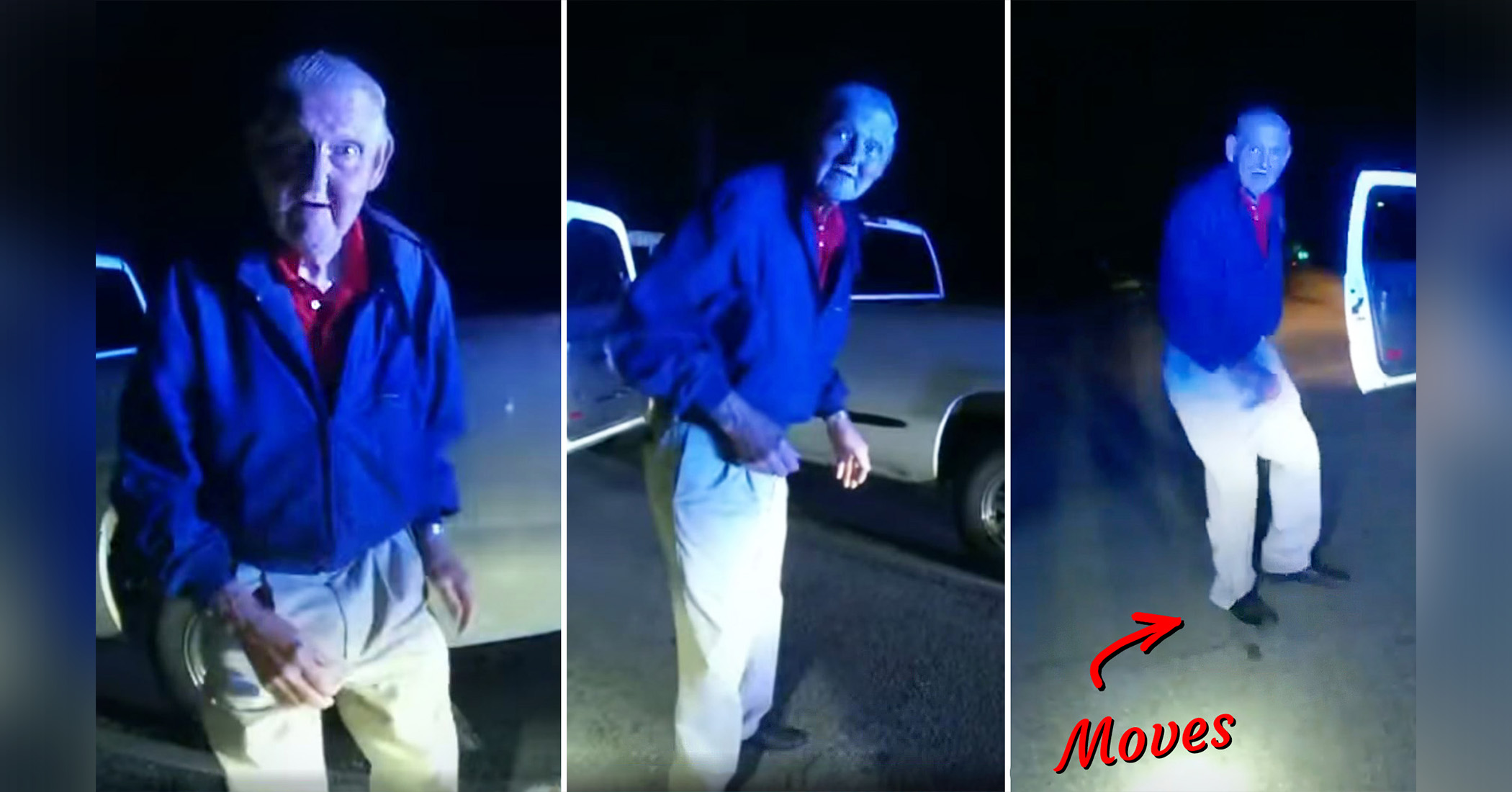 NextImg:VIDEO: patroller stops old man for failure to stay in lane, gets surprise midnight two-step lesson on roadside