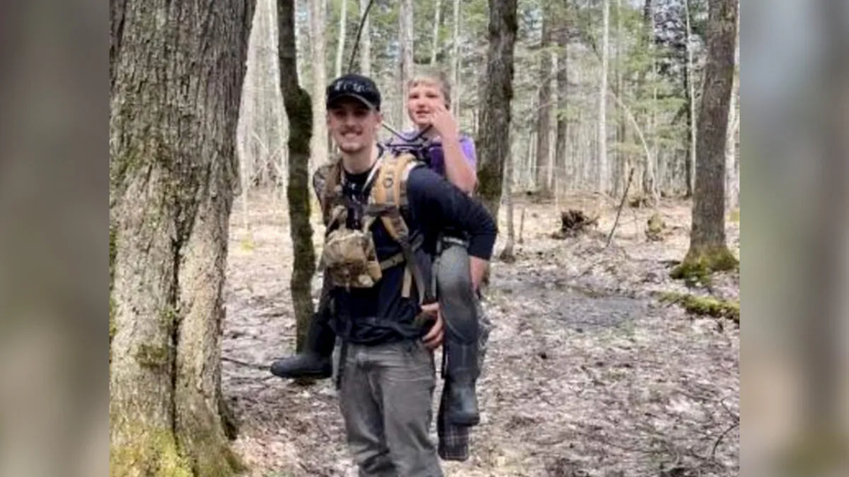 Nante Niemi, 8, after being found by a rescue party in the Porcupine Mountains Wilderness State Park in northwestern Michigan, on May 8, 2023. (Courtesy of Michigan State Police)