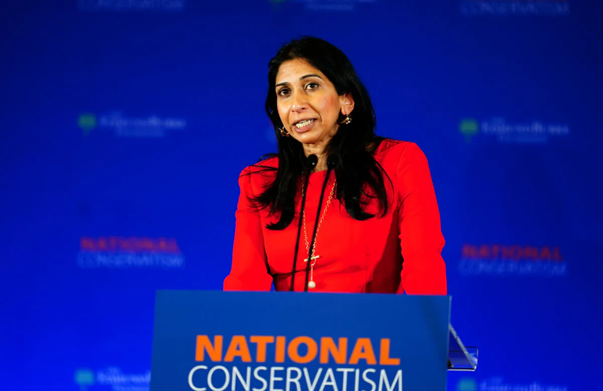 Home Secretary Suella Braverman speaking during the National Conservatism Conference at the Emmanuel Centre in central London on May 15, 2023. (PA)