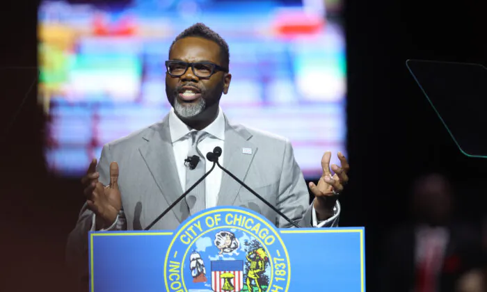 Chicago Mayor Brandon Johnson speaks to guests after taking the oath of office in Chicago on May 15, 2023. (Scott Olson/Getty Images)