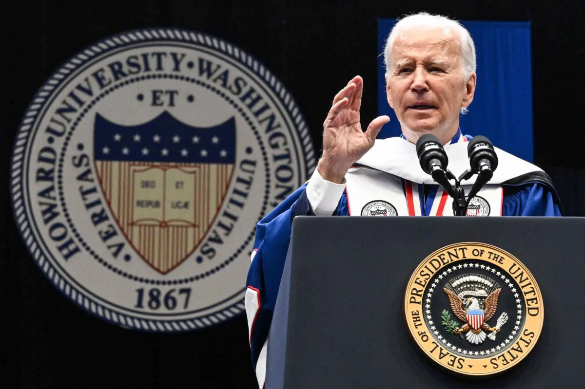 President Joe Biden delivers the commencement address during the 2023 Howard University Spring graduation ceremony at Capitol One Arena in Washington on May 13, 2023. (Mandel Ngan/AFP via Getty Images)