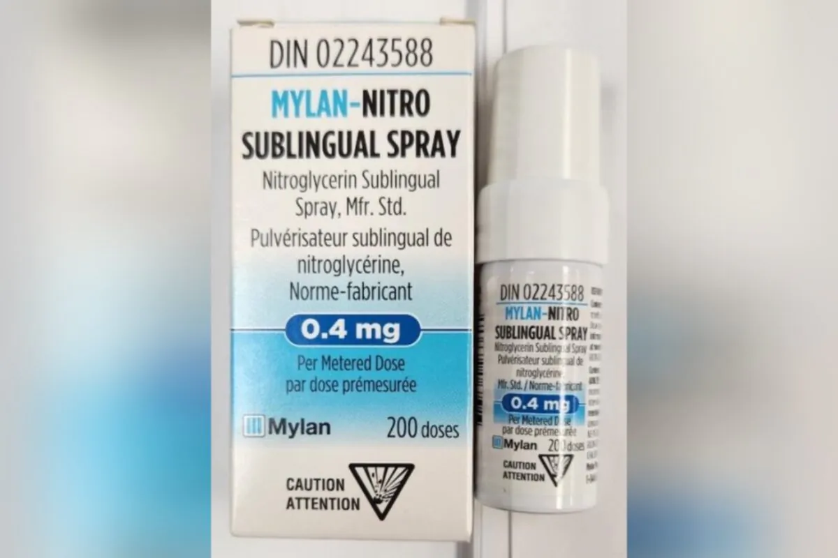 Nitroglycerin sublingual spray is seen in a file photo. Health Canada says the country is facing a shortage of nitroglycerin tablets due to an increase in demand and a shortage of key ingredients of the spray version of the drug. (Handout via Health Canada)
