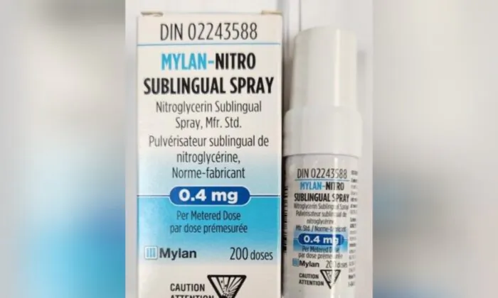 Nitroglycerin sublingual spray is seen in a file photo. Health Canada says the country is facing a shortage of nitroglycerin tablets due to an increase in demand and a shortage of key ingredients of the spray version of the drug. (Handout via Health Canada)
