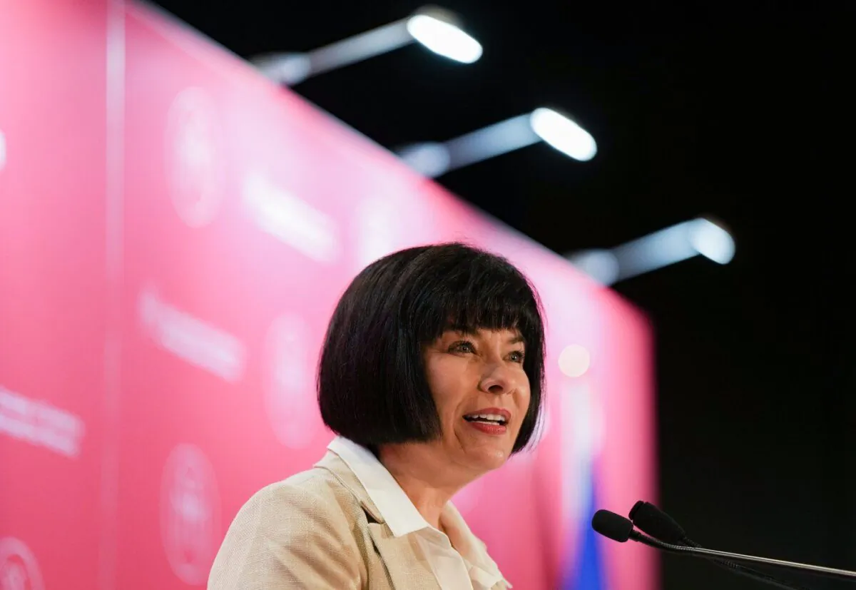 Official Languages Minister Ginette Petitpas Taylor addresses the Montreal Chamber of Commerce, in Montreal, May 8, 2023. (The Canadian Press/Christinne Muschi)