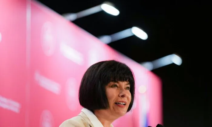 Official Languages Minister Ginette Petitpas Taylor addresses the Montreal Chamber of Commerce, in Montreal, May 8, 2023. (The Canadian Press/Christinne Muschi)
